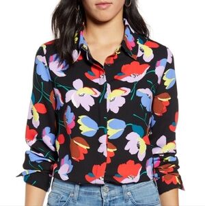 Halogen Multicolor Poppy Floral Button Down Shirt Dark Romance Office Career